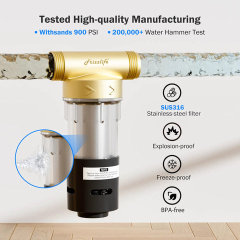 No Nonsense Spin Down Sediment Water Filter With Swivel Stainless Steel Mesh And Easy Rinse Scraper Yields Clean Tap Water Using Switchable 40 Or 100 Micron Screens For Straightforward Household Plumbing, showing water flow and SUS316 construction.