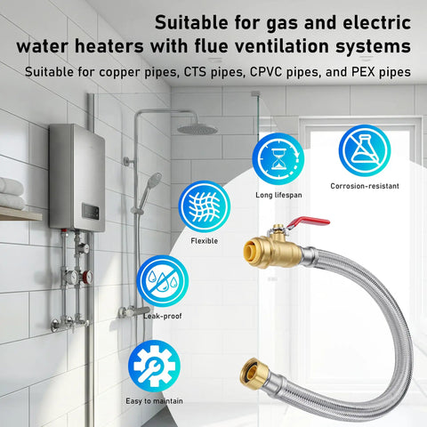 Three Quarters Inch Flexible Water Heater Hoses Kit 24 Inch Stainless Braided Connectors with Ball Valve and push connect