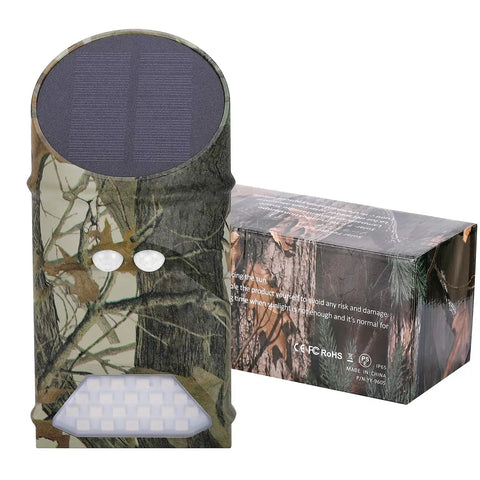 Heavy Hitter Solar Game Feeder Lights With Vibrant Green Motion Detection For Night Hunting and Feeding Deer Hogs Predators Coyotes And Varmints In A Smooth Two Pack Field Ready Kit, camouflaged design with solar panel.