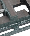 Close-up of Beefy 3 Inch High Carbon Steel Drill Press Vise with raised widened jaws for precise woodworking and hardware projects.
