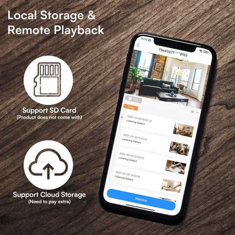 App interface of 3MP Wireless WiFi Light Bulb Security Camera For Smart Home Surveillance on smartphone showing local storage options.