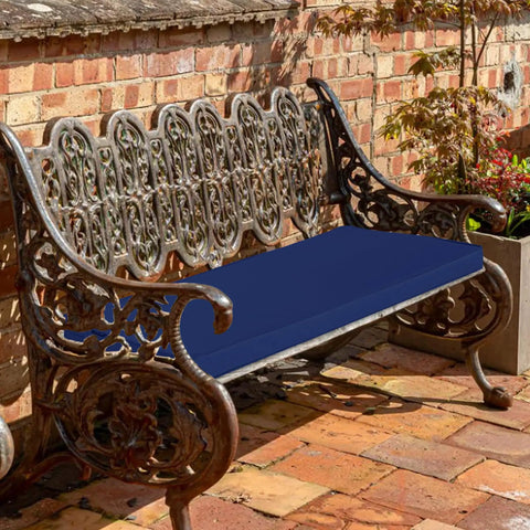 Outdoor Bench Cushions 48 By 18 Inch Thick Waterproof Porch Swing Cushions With Ties Navy For Patio Furniture UV FadeShield Tech 5 Year Colorfast Weatherproof And Durable installed on iron bench