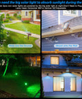 Multicolor Solar Spot Lights Outdoor 100LED with 3.5W Panel Powers Two 40LED Color Changing Spots IP68 Waterproof 9 Lighting Modes shows installation options.