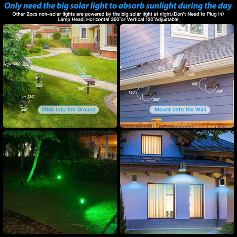 Multicolor Solar Spot Lights Outdoor 100LED with 3.5W Panel Powers Two 40LED Color Changing Spots IP68 Waterproof 9 Lighting Modes shows installation options.