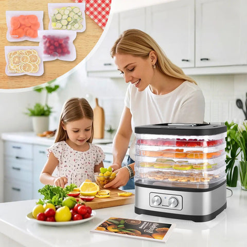 No Sweat Food Dehydrator Featuring Five Bpa Free Trays And Adjustable Temperature Control for healthy snacks with fruits.