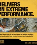 Person using chainsaw with Biodegradable Bar And Chain Oil For Chainsaws And Pole Saws Eco Friendly Non Toxic Lubricant Ultraclean.