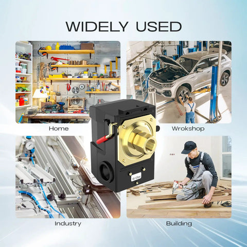 Air Compressor Pressure Switch 90-125 PSI 26A with 1/4 NPT shown in diverse settings like home, workshop, industry, building