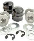 Front Wheel Bearing Bushing And Hardware Rebuild Kit For Lawn Mower And Tractor With 4 Bushings And 2 Hub Caps, shown with washers and clips