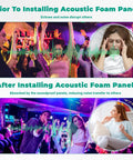 Heavy Duty Soundproof Foam Panels For Walls 4 Pack Acoustic Sound Deadening Tiles 48X24X2 Inch noise reduction before and after installation.