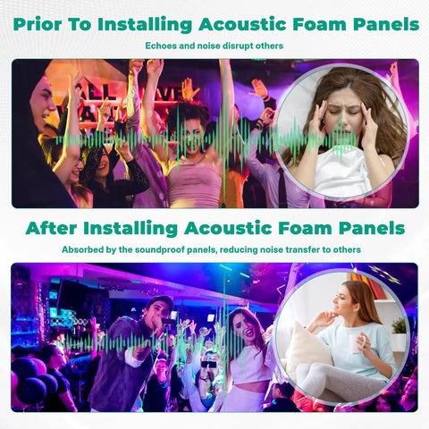 Heavy Duty Soundproof Foam Panels For Walls 4 Pack Acoustic Sound Deadening Tiles 48X24X2 Inch noise reduction before and after installation.