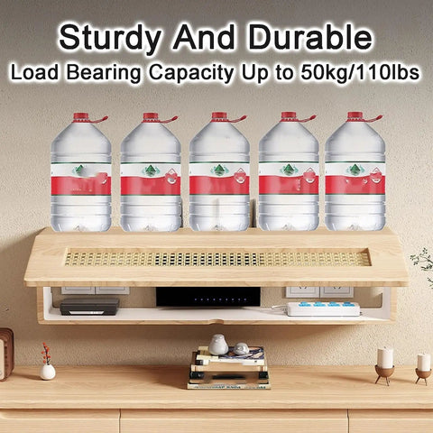 Dope Wall Mounted Rattan Router Cabinet Hides Smart Home Gear Tucked Away For Chill Vibes In Any Space Featuring Breathable Slots For No Sweat Cooling And Smooth WiFi Signals with water jugs