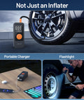 Portable Tire Inflator With Digital Pressure Gauge, 150 PSI Cordless Air Pump inflating car tire and lighting scene