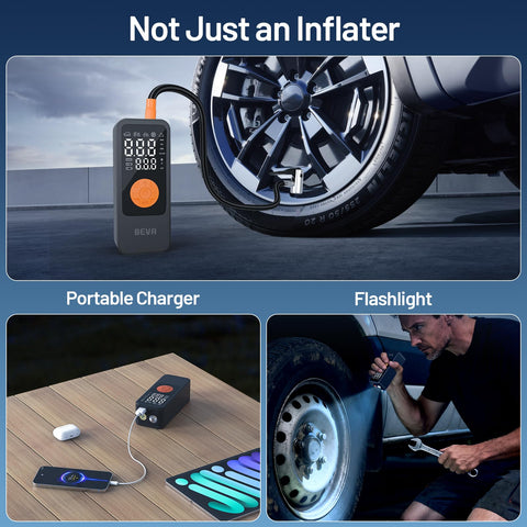 Portable Tire Inflator With Digital Pressure Gauge, 150 PSI Cordless Air Pump inflating car tire and lighting scene