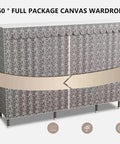 Heavy Duty Portable Canvas Wardrobe With Spacious Hanging Rail And Sturdy Shelves For Roomy Bedroom Closet Storage Organizer With Zero Drama Fabric Cover Setup, front view with patterned cover.