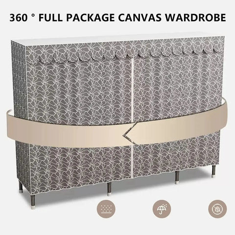 Heavy Duty Portable Canvas Wardrobe With Spacious Hanging Rail And Sturdy Shelves For Roomy Bedroom Closet Storage Organizer With Zero Drama Fabric Cover Setup, front view with patterned cover.