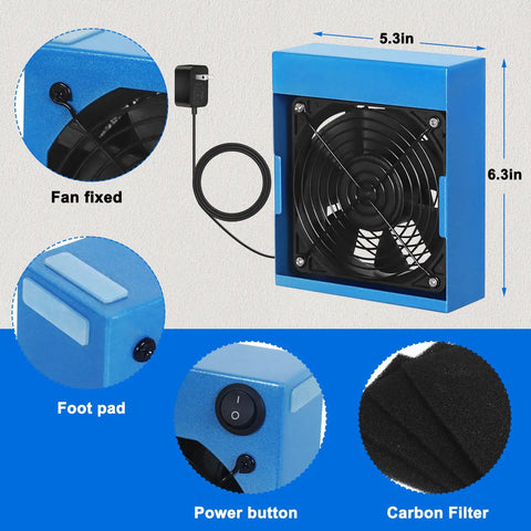 Pro Grade Solder Fume Extractor With 12V Power featuring fan, foot pad, power button, and carbon filter details.