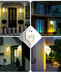 Various views of Motion Sensor Outdoor Light With Dusk To Dawn, Wall Mount Lantern, illuminating different exterior settings.