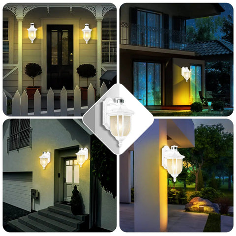 Various views of Motion Sensor Outdoor Light With Dusk To Dawn, Wall Mount Lantern, illuminating different exterior settings.