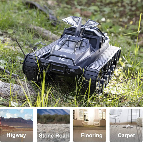 One Twelfth Scale RC Tank Beast With Fifteen Km Per Hour Top Speed, 2.4GHz Remote Control, shown on grass terrain