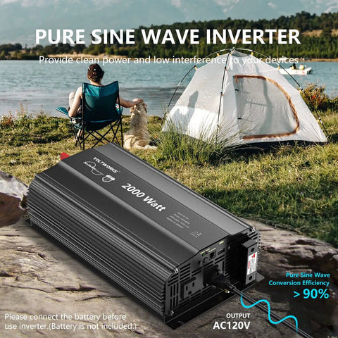 2000 Watt Pure Sine Wave Inverter 12V DC To 110V And 120V AC Power Converter next to a tent and camping chairs