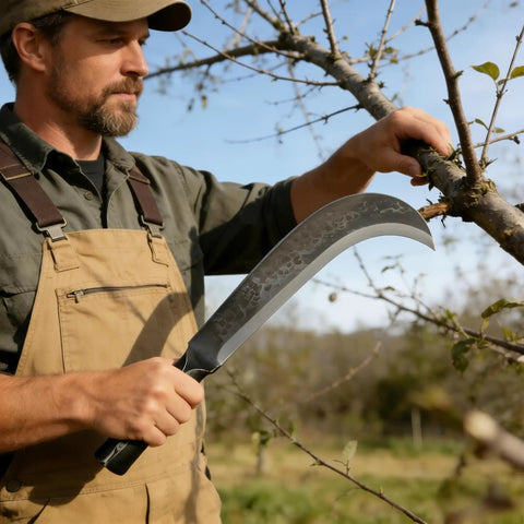 Man using Heavy Duty Machete Billhook Sickle Knife For Yard Work And Tree Cutting on tree branch, manganese steel blade