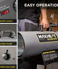 Person holding Maxheat 125,000 BTU Propane Forced Air Heater With Auto On Off Temperature Control 25 To 95 F Portable Garage Shop Heater.