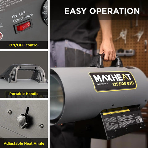 Person holding Maxheat 125,000 BTU Propane Forced Air Heater With Auto On Off Temperature Control 25 To 95 F Portable Garage Shop Heater.