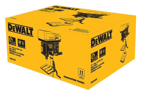 10 Inch Drill Press With 7.0 Amp Motor And LED Worklight Five Speed Settings 3.5 Inch Spindle Travel box packaging