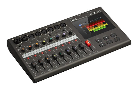 R20 Multi-Track Tabletop Recorder With Touchscreen, 16 Tracks Up To 8 Simultaneous, 6 XLR Inputs, USB Audio Interface, angled view
