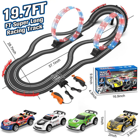 Dual Lane Slot Car Race Track Set With Four High-Speed Cars, Electric Track, Dual Controllers, overpass design, box packaging