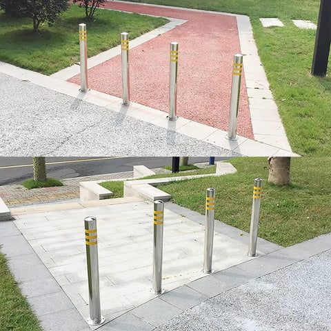Tough As Nails Traffic Safety Bollard Post Three Inch Diameter By Twenty Four Inch Height Stainless Steel Parking Lot Barrier with reflective tape.