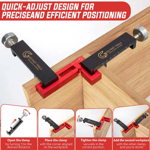 Heavy Duty 90 Degree Corner Clamps For Woodworking Set With Aluminum Positioning Squares And 4 C Clamps Rock Solid Right Angles For Cabinets Frames And Drawers Fast Setup And Crisp Precise Joints. red anodized aluminum corner clamp on wood joint