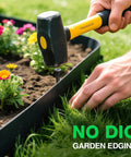 Person installing two inch tall flexible plastic garden edging border with hammer, featuring colorful flower bed