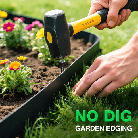 Person installing two inch tall flexible plastic garden edging border with hammer, featuring colorful flower bed
