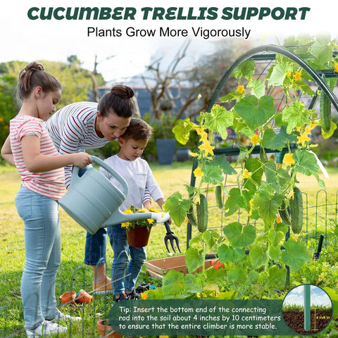 Family using Arch Trellis Kit For Planter Box And Climbing Plants, Wide Metal Arbor For Vegetables And Flowers, Outdoor Garden Decor