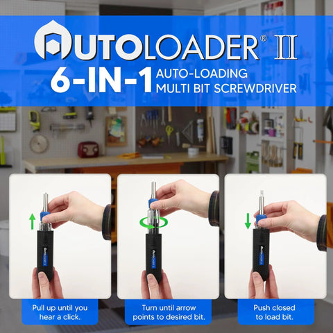 Magnetic 6-In-1 Screwdriver Multi Tool With Auto Loading Barrel shown in use with anti-roll handle and rotating collar.