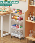 Slim Rolling Storage Cart, 4 Tier Mobile Organizer With Wood Top And Handle in kitchen setting with pantry items displayed.