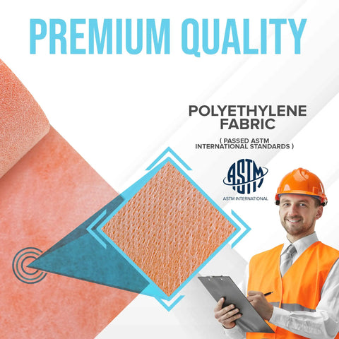 Premium quality Waterproof Shower Membrane Strip 5 Inch by 98.5 Feet, 4 Mils Thick, polyethylene fabric detail with worker.
