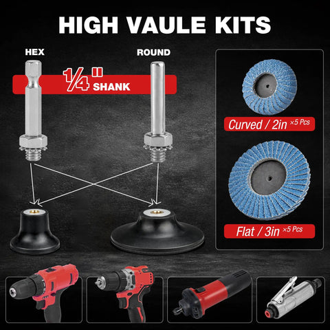 10 Piece Mixed Flap Disc Set For Die Grinder With 3 Inch Flat And 2 Inch Curved Zirconia Discs, One Quarter Inch Shanks, Holders
