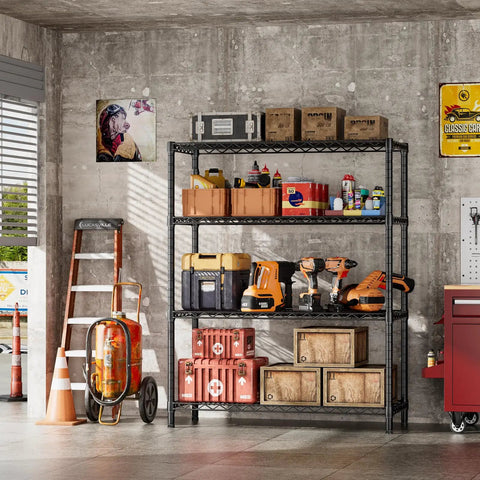Beefy Heavy Duty Wire Shelving Unit With Four Adjustable Shelves Metal Storage Rack 350 Lb Per Shelf And 1400 Lb Total Capacity Easy No Tools Setup 18 Inch Deep 46 Inch Wide 59 Inch High in garage with tools and boxes