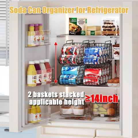Eight Pack Can Organizer For Pantry And Fridge, Stackable Wire Shelf Rack Holds Up To Seventy Two Cans, shown in fridge.