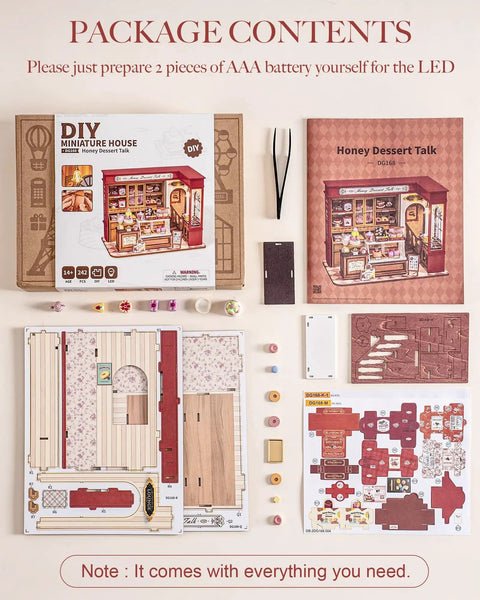 Vintage French Dessert Shop Miniature Dollhouse Kit With LED Light One 18 Scale Wooden Diorama Model For Adults