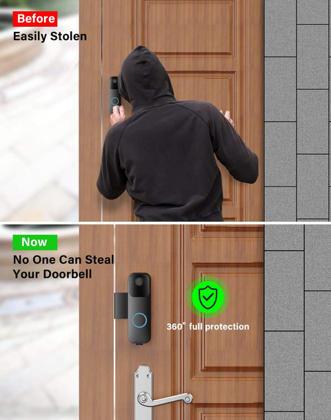 Image showing before and after of doorbell with Heavy Duty Full Metal Anti Theft Video Doorbell Mount For First Generation Doorbells Not For Second Gen No Drilling Quick Install Stainless Steel And Aluminum Built To Last For Apartment Renters Home Office Room Security, highlighting its theft prevention feature.