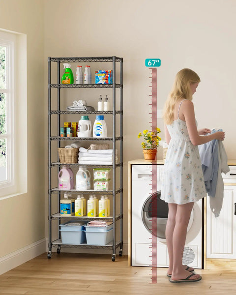 8 Tier Adjustable Metal Wire Storage Shelf Unit For Kitchen Garage And Laundry Beefy Build Sturdy Standing Rack With Rust Resistant Coating And 800lbs Total Capacity Easy Assembly Space Saving Organizer, 67 inch black steel laundry shelf