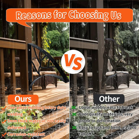 Comparison of Badass Black Wrought Iron Porch Handrail With Dope Leaf Style Wall Mounted Stair Grab Rail against a less sturdy option.