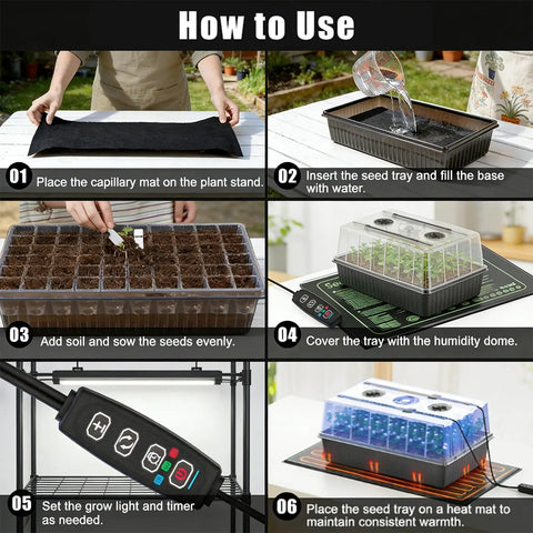 Steps for using 60 Cell Self Watering Seed Starter Tray With Grow Light And Heat Mat in indoor garden