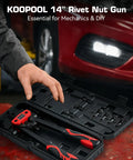 Person using 14 Inch Rivet Nut Tool Kit With 7 Mandrels And 70 Rivet Nuts Heavy Duty Nutsert Set In Rugged Carrying Case.