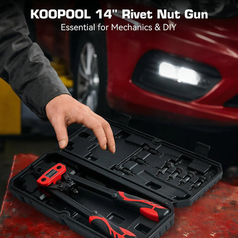 Person using 14 Inch Rivet Nut Tool Kit With 7 Mandrels And 70 Rivet Nuts Heavy Duty Nutsert Set In Rugged Carrying Case.