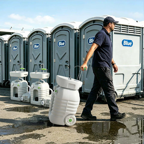 No Sweat 12 Gallon Heavy Duty Portable Hand Washing Station being pulled beside portable restrooms at an outdoor event.