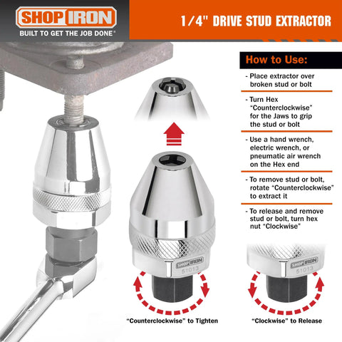 One Quarter Inch Drive Mini Damaged Bolt And Stud Extractor 51013 for impact wrenches with instructions and close-up views